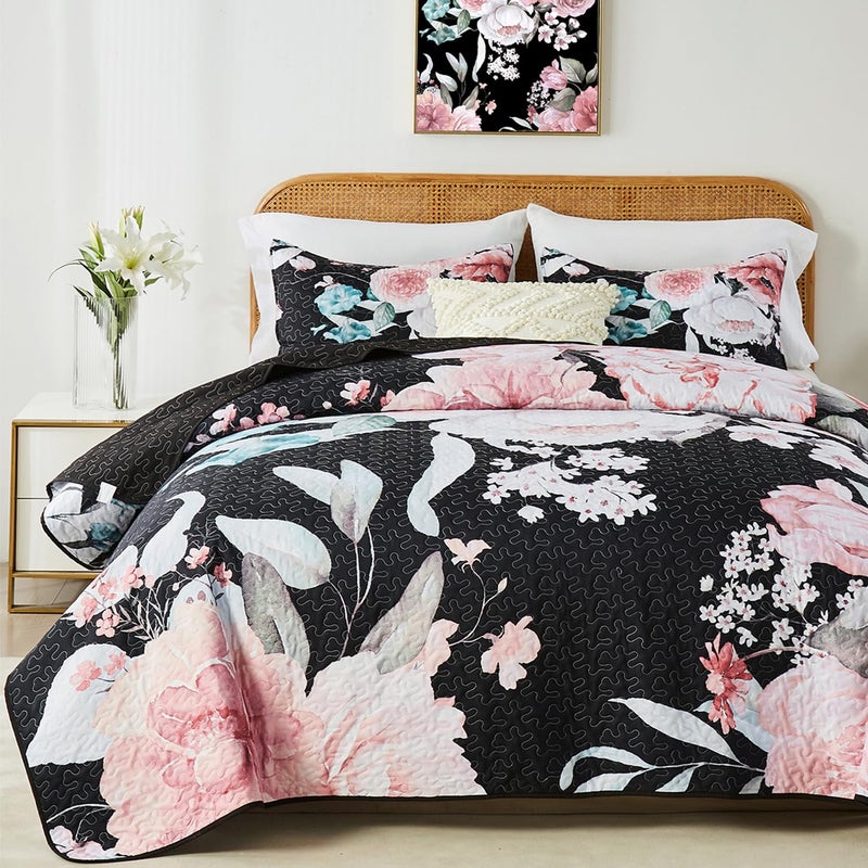 Yogeneg Full Queen Size Quilt Set  Pink Floral Botanical Pattern Black Bedding Set 3 Piece Lightweight Soft Summer Bedspread Coverlet with 2 PIillow Sham for All Season(Pink Floral 90""x96"") - Image 1